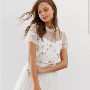 Needle and thread white embellished top with flutter sleeve in ivory